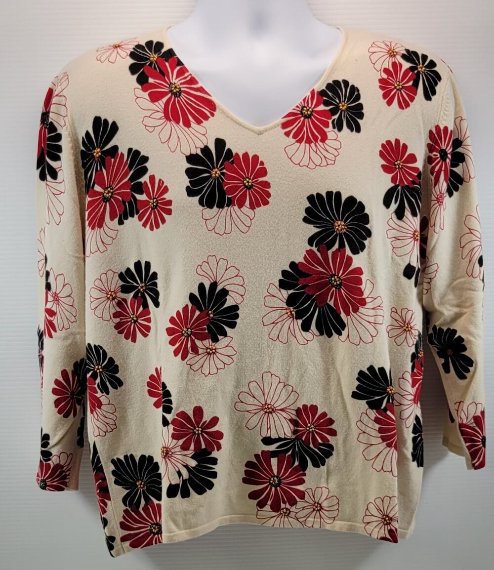 L7) Sag Harbor Floral Shirt V-Neck Red Black White XL